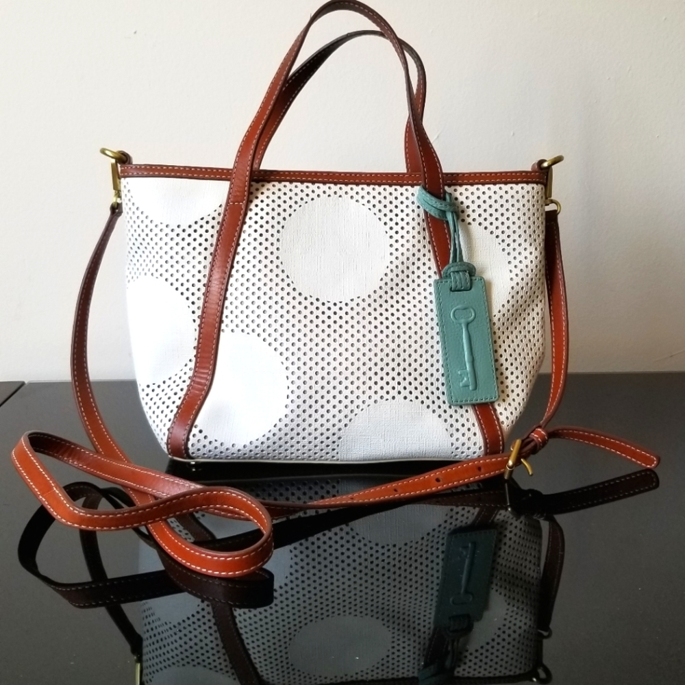 Fossil Ava Satchel, Dot - White and Brown